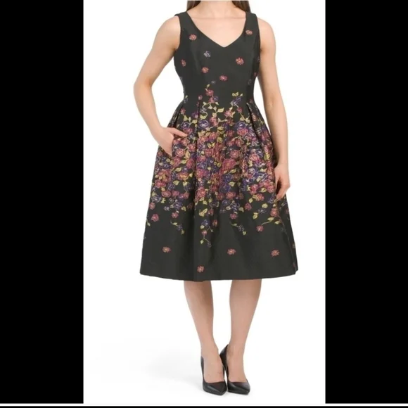 Tahari | Dresses | Tahari By Asl Fit And Flare Midi Metallic Floral Accents  Cocktail Dress | Poshmark